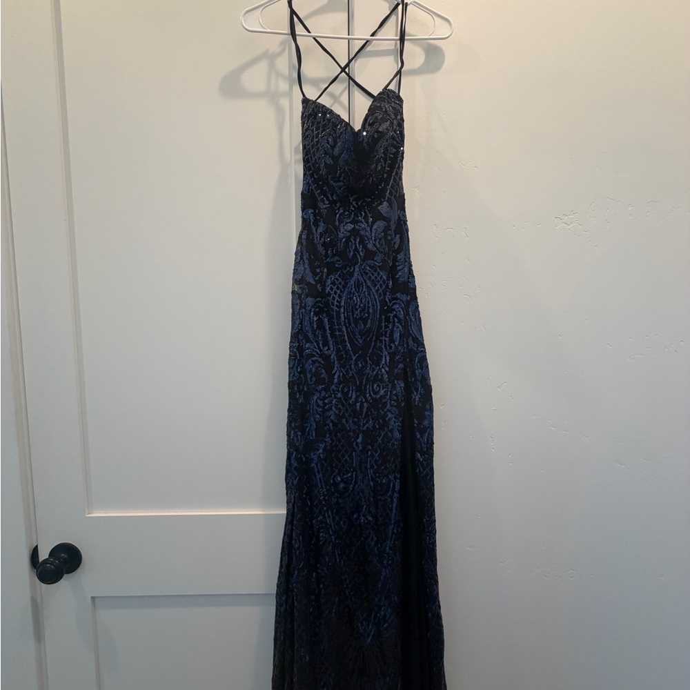 Navy Maxi Dress with Lace Overlay and Strappy Back